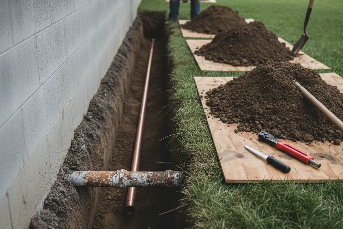 Excavated water line trench during Water Softener Installation in Upper Falls